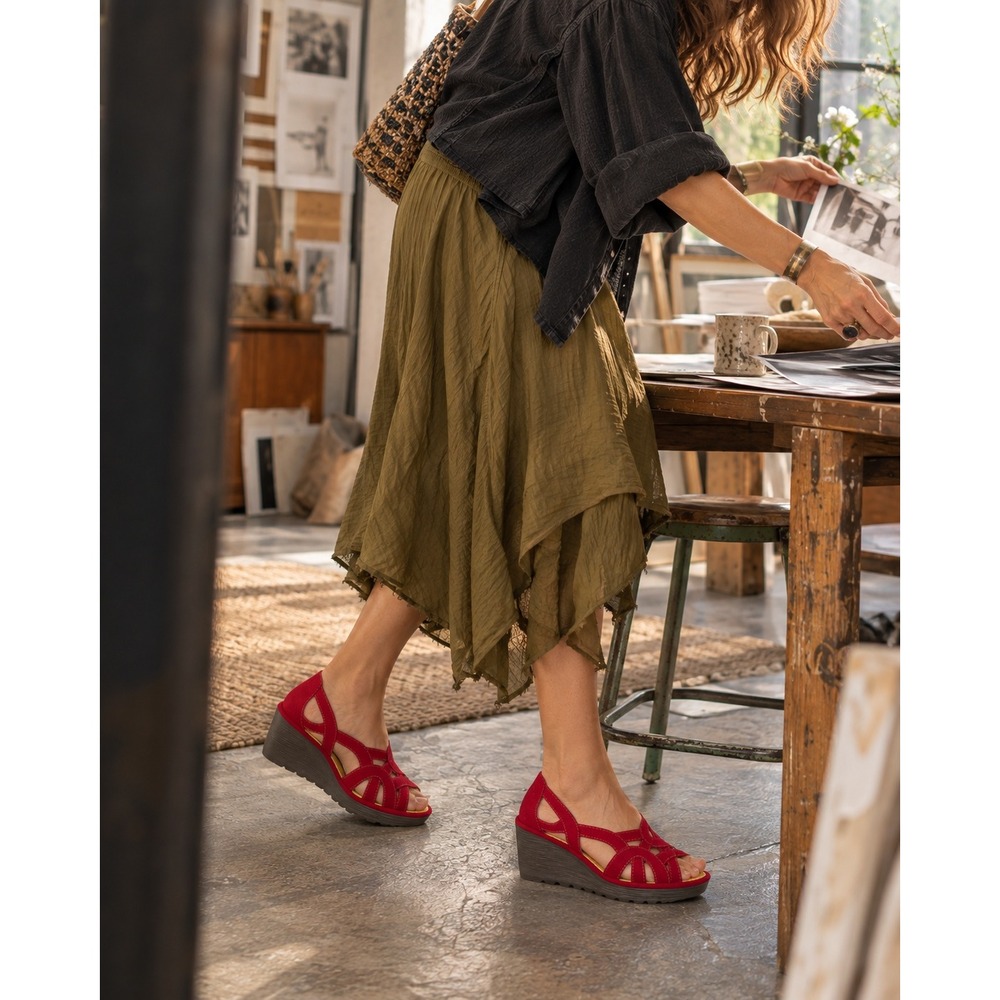FLY London Yadi Red Suede Cutout Peep Toe Wedge Sandals EU 37 US 6-6.5